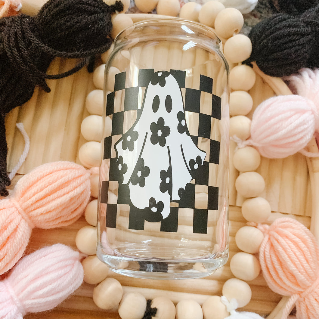 ghosty with flowers can glass