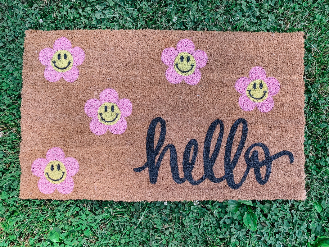 Hello smiley flowers doormat